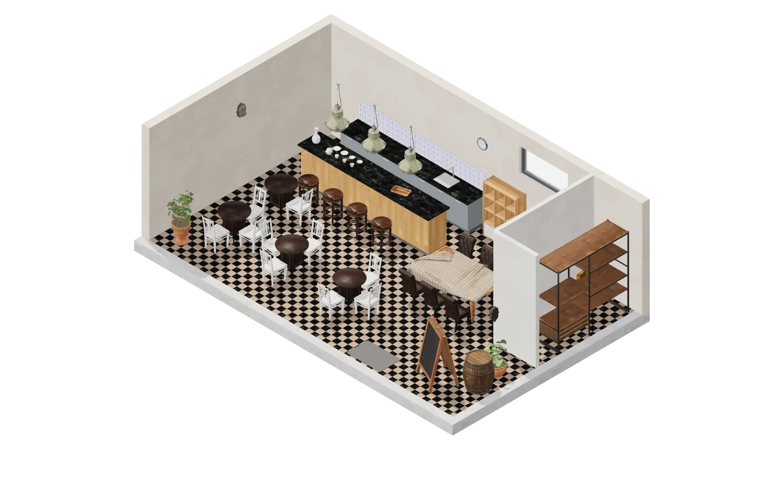 Maqueta 3D: Cafetería de barrio